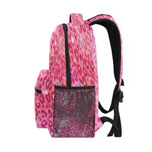 Pink Red Sparkling Leopard Kids Backpack Backpacks for Girls Silver Back Pack Casual Daypack 16 inch Laptop Bag Double Zipper Travel Sports Bags with Adjustable Shoulder Strap