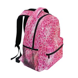 Pink Red Sparkling Leopard Kids Backpack Backpacks for Girls Silver Back Pack Casual Daypack 16 inch Laptop Bag Double Zipper Travel Sports Bags with Adjustable Shoulder Strap