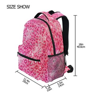 Pink Red Sparkling Leopard Kids Backpack Backpacks for Girls Silver Back Pack Casual Daypack 16 inch Laptop Bag Double Zipper Travel Sports Bags with Adjustable Shoulder Strap