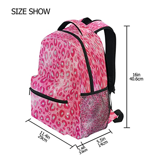 Pink Red Sparkling Leopard Kids Backpack Backpacks for Girls Silver Back Pack Casual Daypack 16 inch Laptop Bag Double Zipper Travel Sports Bags with Adjustable Shoulder Strap