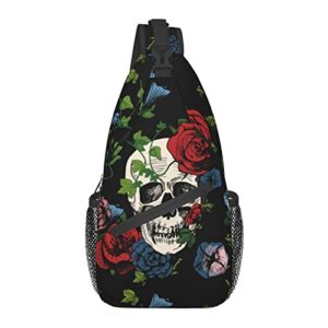 skull and rose flower sling bag crossbody backpack for women men hiking travel over the shoulder bag pouch small daypack casual one strap pack lightweight cross chest bag purse outdoor cycling