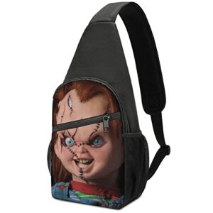 bride of chucky anime printing small sling crossbody bag, convenient type multifunction chest shoulder bag, waterproof travel bag for men women (black)