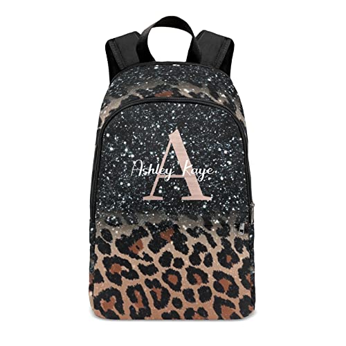 Urcustom Personalized Name Leopard Print Monogram Backpack Unisex Bookbag for Boy Girl Travel Daypack Bag Purse 17.7 IN