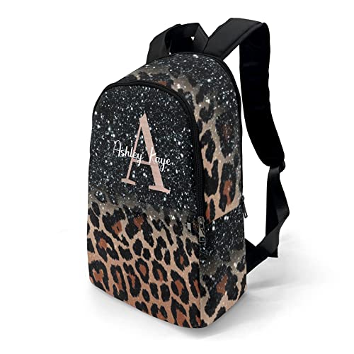 Urcustom Personalized Name Leopard Print Monogram Backpack Unisex Bookbag for Boy Girl Travel Daypack Bag Purse 17.7 IN