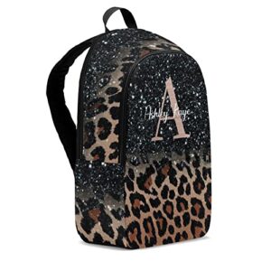 Urcustom Personalized Name Leopard Print Monogram Backpack Unisex Bookbag for Boy Girl Travel Daypack Bag Purse 17.7 IN