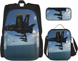 3 piece set backpacks blue angels airplane aircraft backpack 3 piece set for boys and girls cute axolotl fish backpack(school bag + pencil case + lunchbag set)