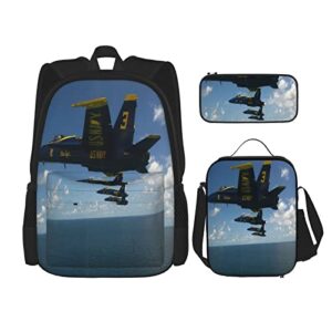 3 Piece Set Backpacks Blue Angels Airplane Aircraft Backpack 3 Piece Set for Boys and Girls Cute Axolotl Fish backpack(School Bag + Pencil Case + Lunchbag Set)