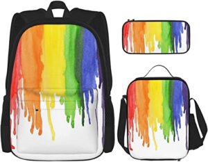 3 piece set backpacks colorful love watercolor iridescent gay lesbian lgbt yellow backpack 3 piece set for boys and girls cute axolotl fish backpack(school bag + pencil case + lunchbag set)