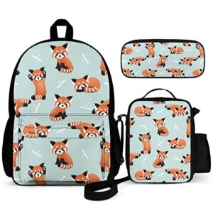 kiuloam cute red panda and bamboo kids backpack set 3 piece back to school 16 inch book bag with lunch bag pencil case for boys girls 1-6th grade