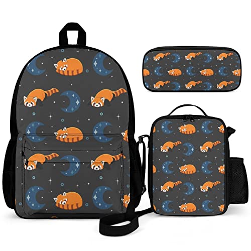 KiuLoam Moon And Red Panda Kids Backpack Set 3 Piece Back To School 16 Inch Book Bag With Lunch Bag Pencil Case For Boys Girls 1-6th Grade