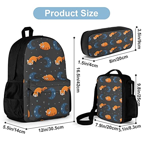 KiuLoam Moon And Red Panda Kids Backpack Set 3 Piece Back To School 16 Inch Book Bag With Lunch Bag Pencil Case For Boys Girls 1-6th Grade