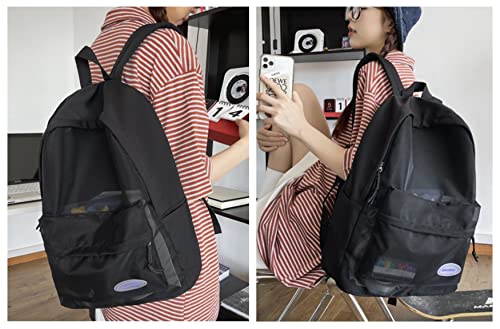 MeganJDesigns Semi-See Through Mesh Backpacks Lightweight Transparent Bag Durable Backpack Stadium Approved for School Student (02#Black)