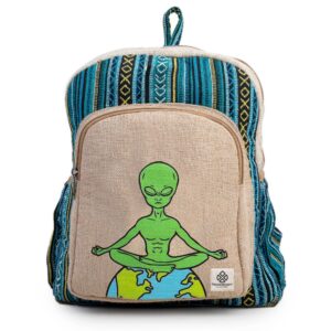 meditating alien hemp backpack bag - eco friendly hippie yak design durable functional traveling hiking friendly casual daypack bag by freakmandu