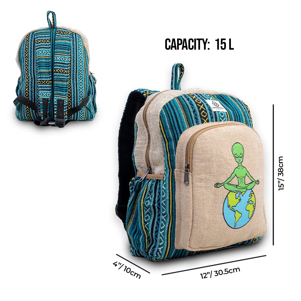 Meditating Alien Hemp Backpack Bag - Eco Friendly Hippie Yak Design Durable Functional Traveling Hiking Friendly Casual Daypack Bag by Freakmandu