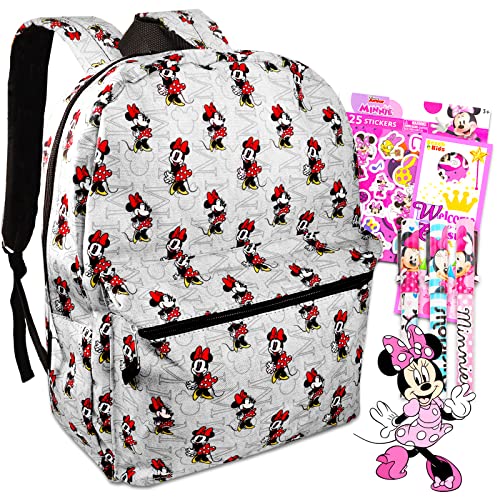 Minnie Mouse Backpack for Girls Set - Bundle with 16" Minnie Mouse Backpack, Minnie Stickers, Pens, More | Minnie Backpack for Girls