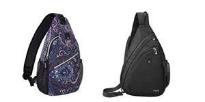 mosiso sling backpack,travel hiking daypack pattern and fan-shaped rope crossbody shoulder bag, navy blue base totem texture&black
