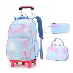 lanshiya 3pcs rolling backpack for girls dream princess wind bookbag with wheels travel bag trolley school bag with lunch box blue