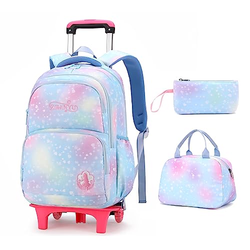 LANSHIYA 3Pcs Rolling Backpack for Girls Dream Princess Wind Bookbag with Wheels Travel Bag Trolley School Bag with Lunch Box Blue