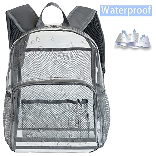 BAJNOKOU Clear Backpack Transparent Heavy Duty Backpacks See Through PVC Plastic Large Bookbag for School Work Stadium Security Sporting Events (Grey)