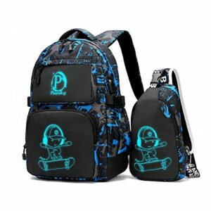 pawsky skateboard anime luminous backpack school backpack with usb charging port for teen boys, college school bookbag lightweight laptop bag with sling bag set, blue