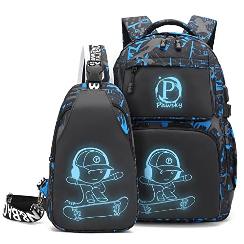 Pawsky Skateboard Anime Luminous Backpack School Backpack with USB Charging Port for Teen Boys, College School Bookbag Lightweight Laptop Bag with Sling Bag Set, Blue