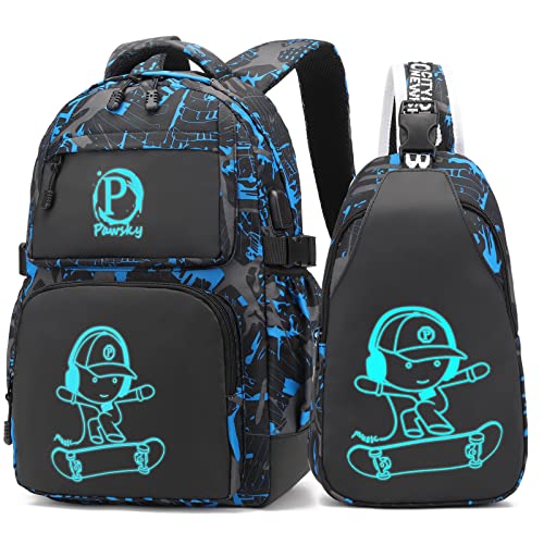 Pawsky Skateboard Anime Luminous Backpack School Backpack with USB Charging Port for Teen Boys, College School Bookbag Lightweight Laptop Bag with Sling Bag Set, Blue