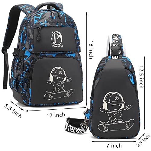 Pawsky Skateboard Anime Luminous Backpack School Backpack with USB Charging Port for Teen Boys, College School Bookbag Lightweight Laptop Bag with Sling Bag Set, Blue