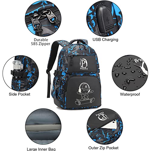 Pawsky Skateboard Anime Luminous Backpack School Backpack with USB Charging Port for Teen Boys, College School Bookbag Lightweight Laptop Bag with Sling Bag Set, Blue