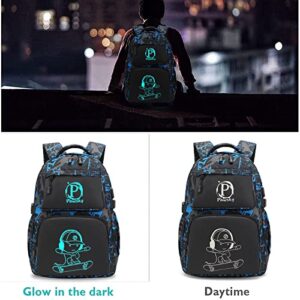 Pawsky Skateboard Anime Luminous Backpack School Backpack with USB Charging Port for Teen Boys, College School Bookbag Lightweight Laptop Bag with Sling Bag Set, Blue