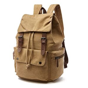 pnmnbw canvas backpack rucksack genuine leather casual daypack college bookbag for men women outdoor cycling hiking travel laptop khaki