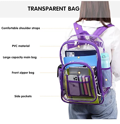 MCWTH Clear Backpack Heavy Duty PVC Plastic Transparent Backpacks School College Bookbag (Purple)