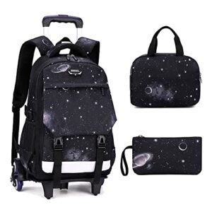 starry sky boys 3 piece rolling backpack teen galaxy 3 in 1 bookbag elementary school with wheeled daypack trolley six wheels