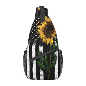 sunflower and american flag sling backpack crossbody shoulder bags for women men, sling bag travel hiking chest bag daypack