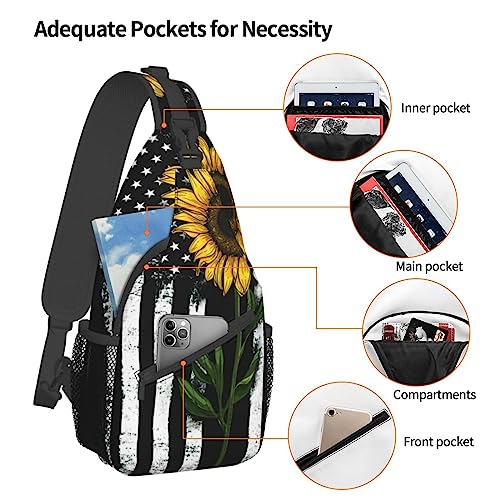 Sunflower And American Flag Sling Backpack Crossbody Shoulder Bags For Women Men, Sling Bag Travel Hiking Chest Bag Daypack