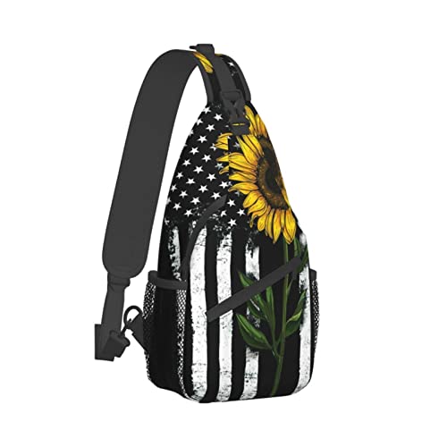 Sunflower And American Flag Sling Backpack Crossbody Shoulder Bags For Women Men, Sling Bag Travel Hiking Chest Bag Daypack