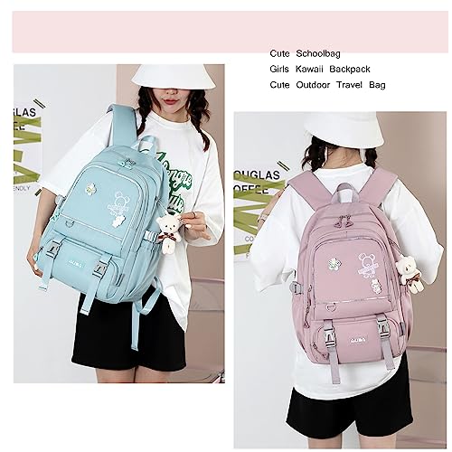 LANSHIYA Girls Kawaii Backpack with Pendent&Pins Teens Solid Color Bookbag Elementary School Students Daypack Cute Outdoor Travel Bag