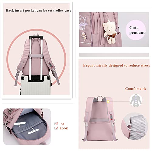 LANSHIYA Girls Kawaii Backpack with Pendent&Pins Teens Solid Color Bookbag Elementary School Students Daypack Cute Outdoor Travel Bag