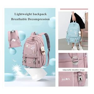 LANSHIYA Girls Kawaii Backpack with Pendent&Pins Teens Solid Color Bookbag Elementary School Students Daypack Cute Outdoor Travel Bag