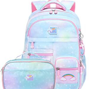 Backpacks for Girls School Cute Kids Backpack Bookbags with Insulated Lunch Box Set for School Elementary girl, Tie Dye School Bag with Laptop Compartments 16 * 11.5 * 7.5, Galaxy Blue