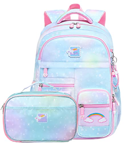 Backpacks for Girls School Cute Kids Backpack Bookbags with Insulated Lunch Box Set for School Elementary girl, Tie Dye School Bag with Laptop Compartments 16 * 11.5 * 7.5, Galaxy Blue