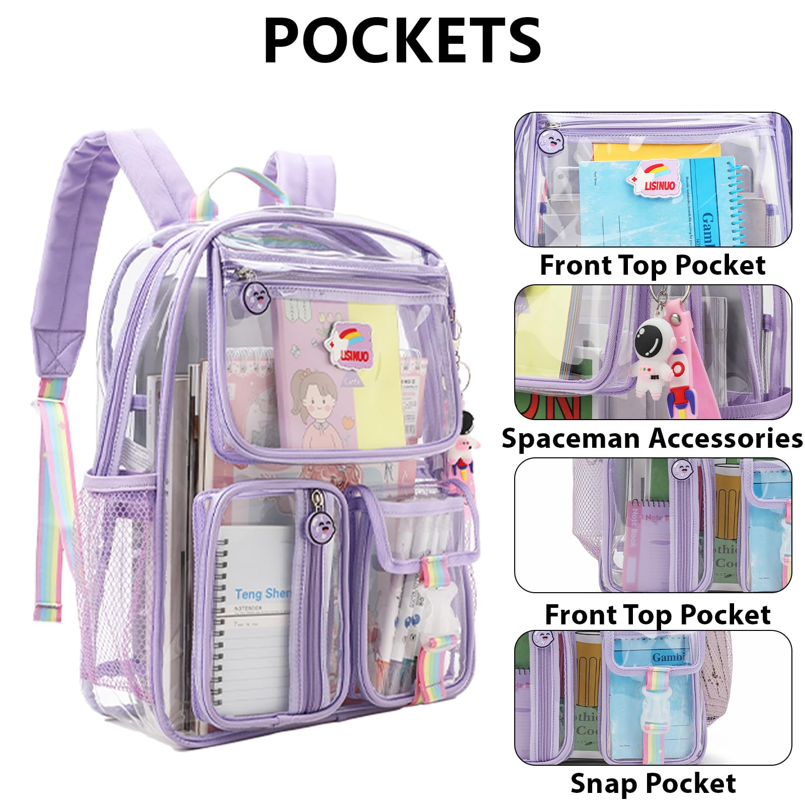 LISINUO Clear Backpack Girl Transparene Backpacks See Through Book Bag for Women Heavy Duty Pvc Mesh Bag Cute Girls Bookbags(Purple)