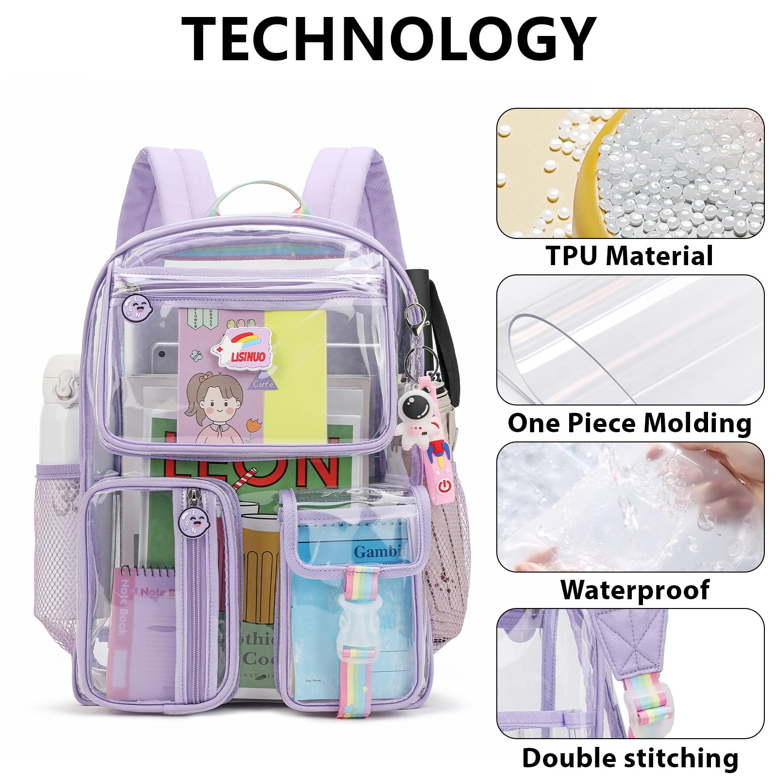 LISINUO Clear Backpack Girl Transparene Backpacks See Through Book Bag for Women Heavy Duty Pvc Mesh Bag Cute Girls Bookbags(Purple)