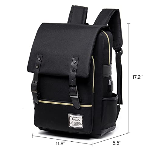 YODALA Vintage Laptop Backpack for women men, Elegant Water Resistant College Book Bag with USB Charging Port,Slim Travel Casual Daypack Fits up to 15.6Inch Laptop in ALL Black