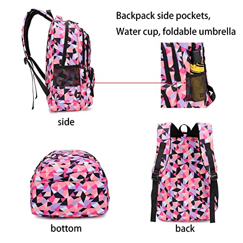 Girls Backpacks Geometric Printed Children School Bag for Middle-Elementary School Book Bags for Girls-Boys Waterproof 3 in 1 Backpack Sets(Black 19L)