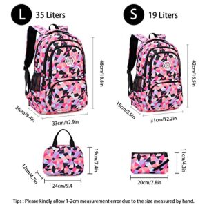 Girls Backpacks Geometric Printed Children School Bag for Middle-Elementary School Book Bags for Girls-Boys Waterproof 3 in 1 Backpack Sets(Black 19L)