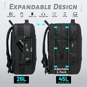 Bange 45L Travel Backpacks Expandable Luggage Backpack USB Charging Port Flight Approved Carry On Backpack With Wet Pocket Water Resistant Business Backpack 17.3 In Laptop College Daypack Black Large