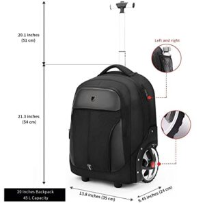 HSYKING AOKING 20 Inches Large Wheeled Rolling Laptop Backpack For Business Men Women and Travel Commuter Carry-on Laptop Backpack Travel Luggage Wheeled Adult Backpack (Black, 20 Inches)