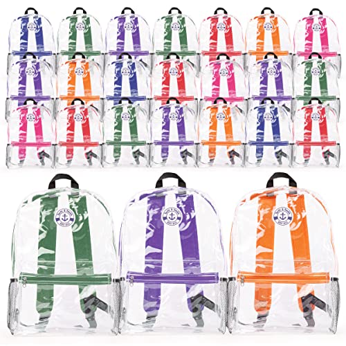 12 Pack 17 Inch Wholesale Children's School Backpack, Bulk Water Resistant Knapsacks For School Age Kids (12 Pack Clear With Colorful Trim)