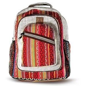 ojas yatra red hemp backpack large - pure himalayan hemp bag - multi pocket handmade backpacks for men & women - bohemian laptop bag for travel & festivals