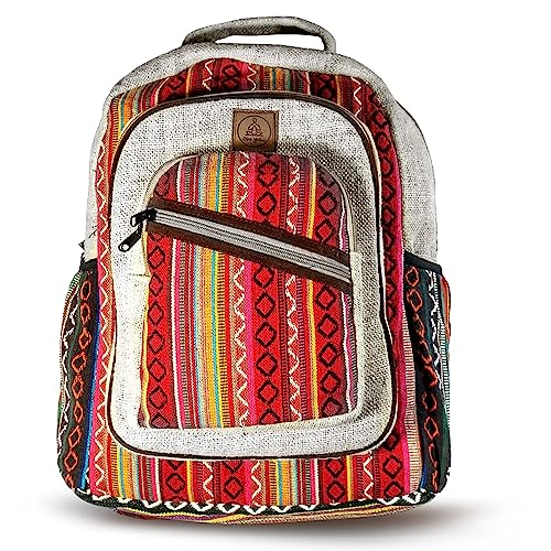 Ojas Yatra Red Hemp Backpack Large - Pure Himalayan Hemp Bag - Multi Pocket Handmade Backpacks for Men & Women - Bohemian Laptop Bag for Travel & Festivals